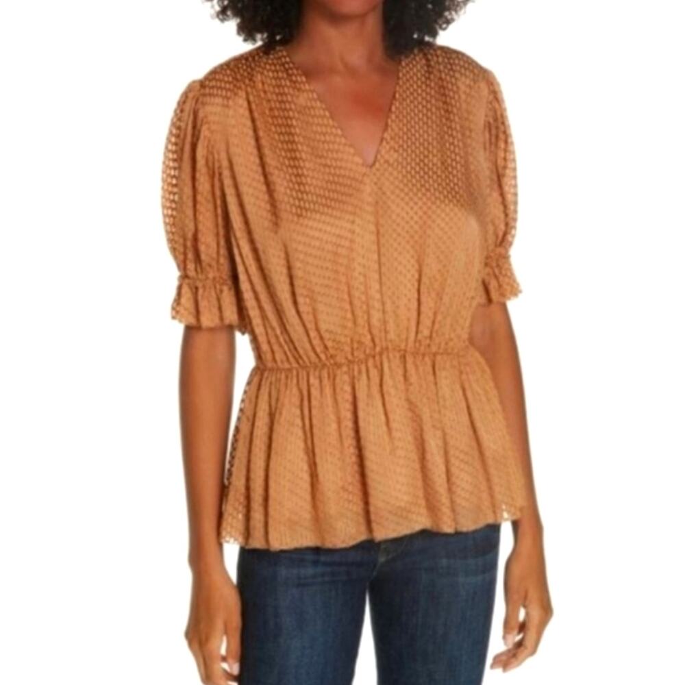 Lewit Silk Blend V-Neck Peplum Blouse Tan Gold Short Sleeve Size S Chic Classic